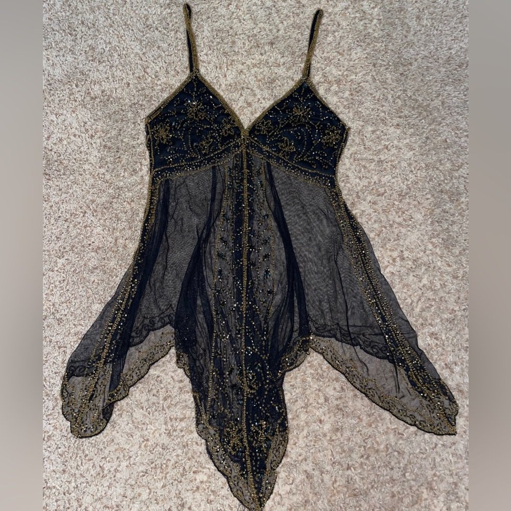 Women’s Vinatge Black and Gold Sheer Embellished Top